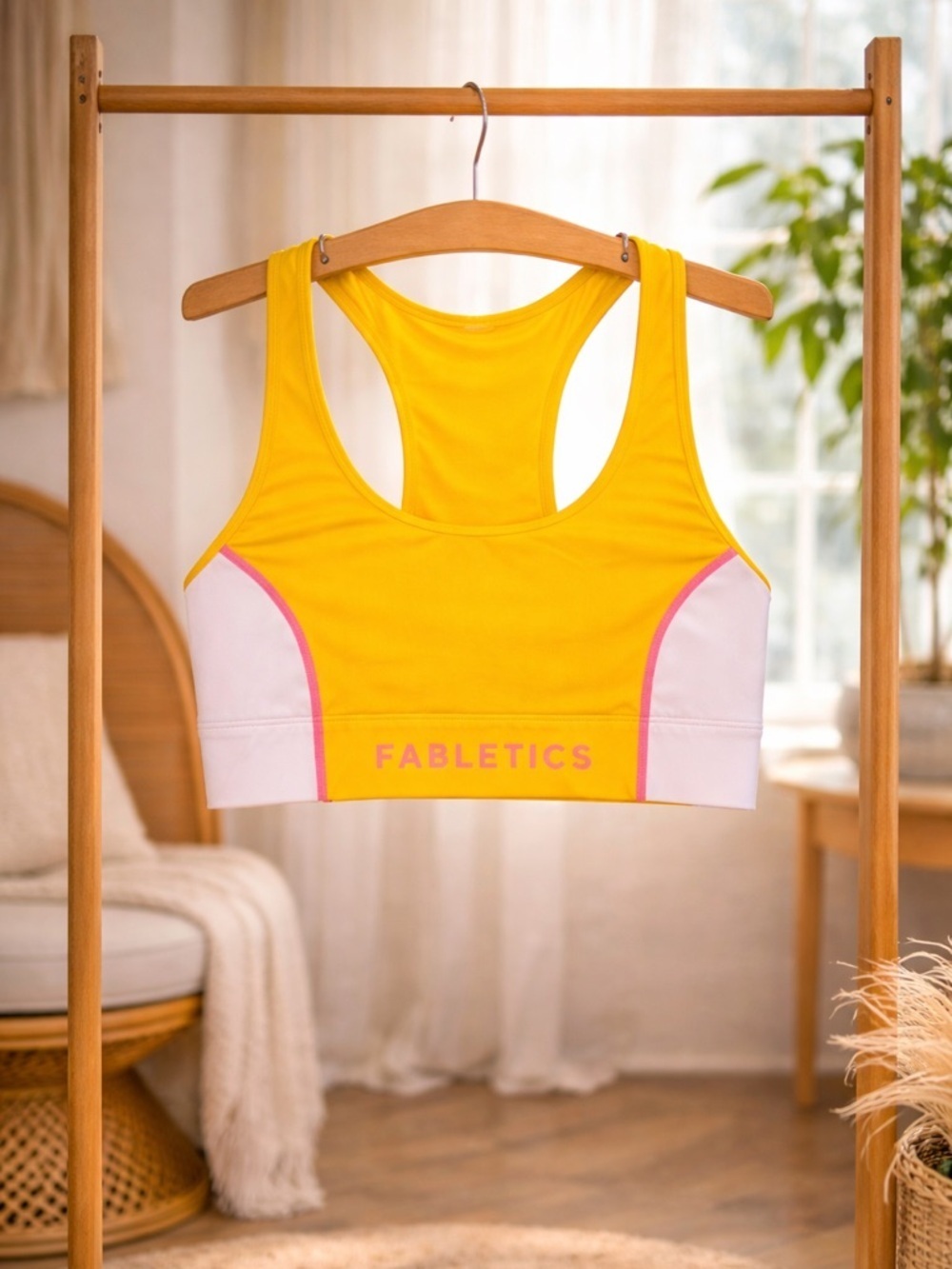 Fabletics Racerback Sports Bra Yellow Pink Athletic Workout Bra Size L (Est)